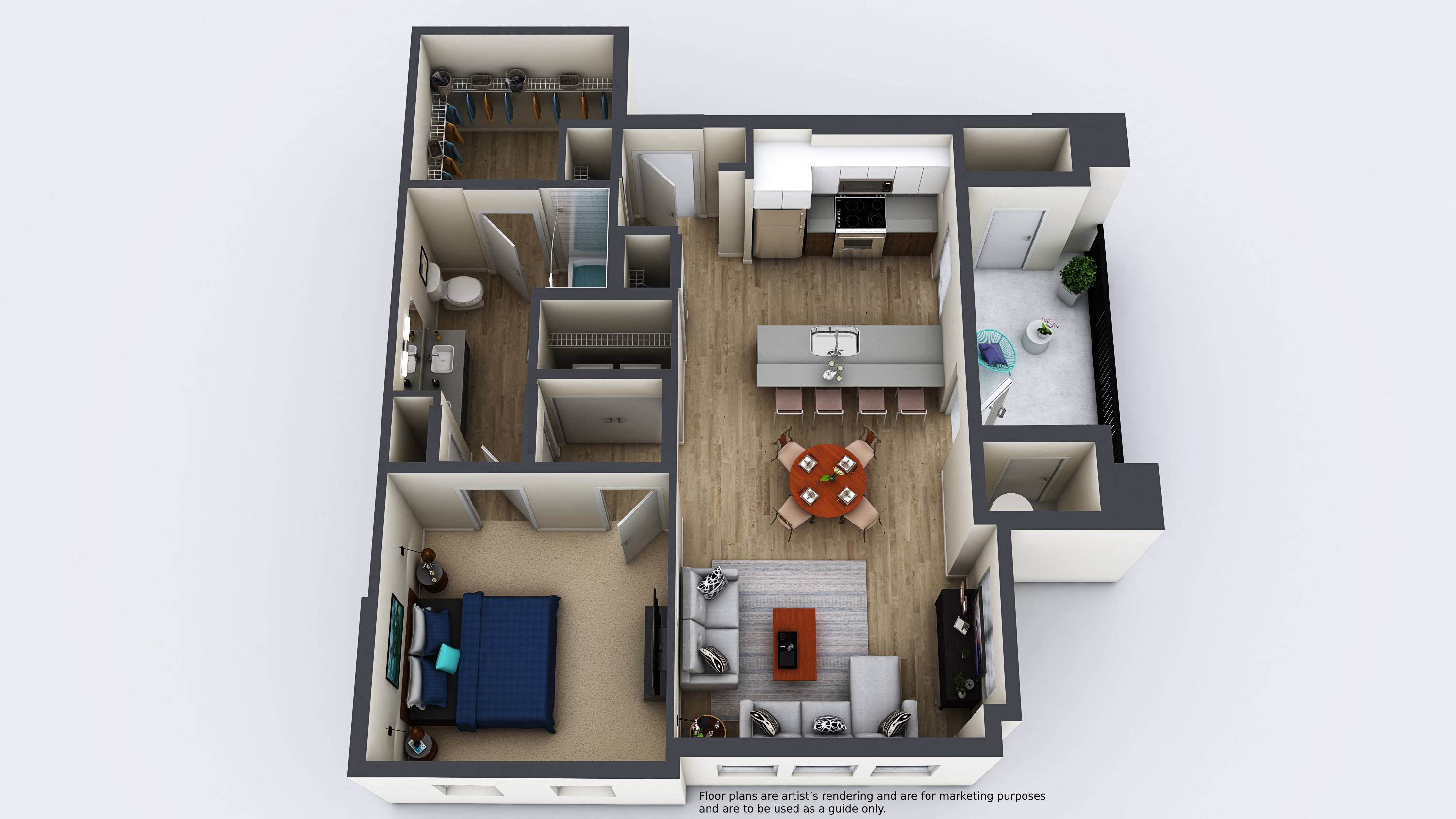 Floor plan for 1 bed, 1 bath, 836 sqft